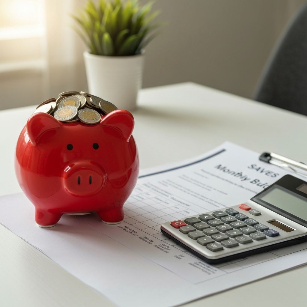 Planowanie oszczędności - skarbonka i dokumenty finansowe